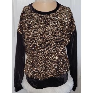 cable and gauge top AND PANTS M black velvet and gold sequins SET